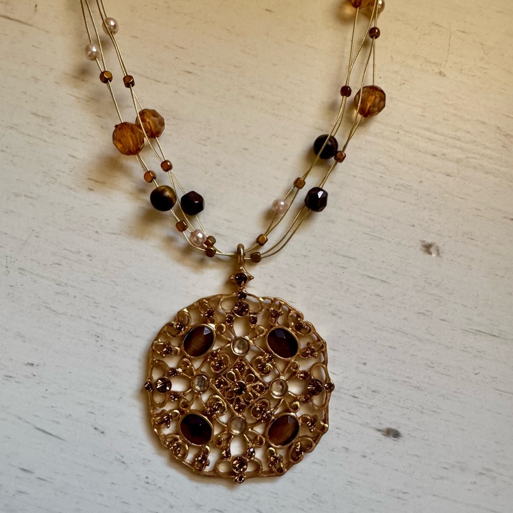 Gold Filigree Medallion Multi-Strand Necklace Boho Chic Statement